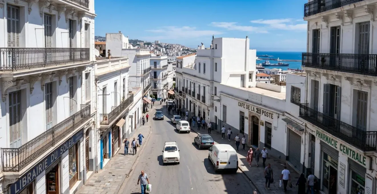 Vue en plongée d'une rue algéroise aux façades blanches typiques de l'architecture coloniale française, baignée d'une lumière méditerranéenne éclatante