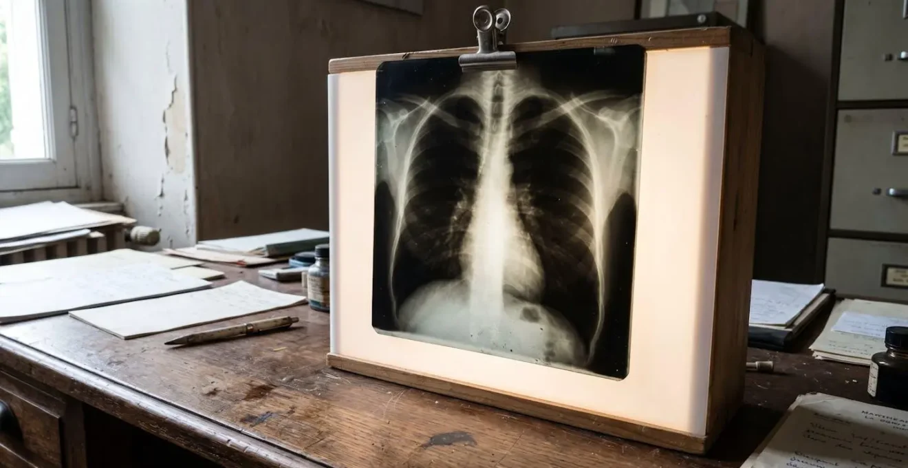 Deux personnes vues de dos consultent ensemble des documents médicaux anciens dans un environnement lumineux et contemporain, concentrées sur leur lecture