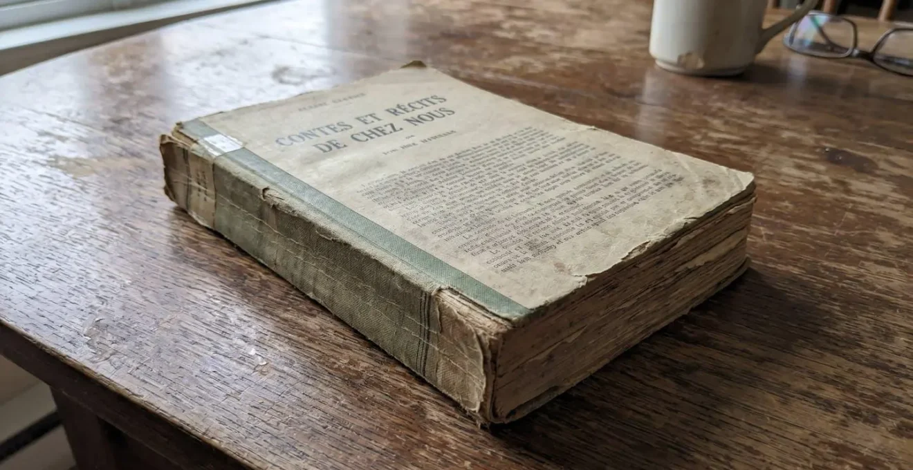 Gros plan sur les pages ouvertes d'un livre ancien aux pages jaunies, avec une typographie d'époque visible mais légèrement floue sous une lumière naturelle rasante