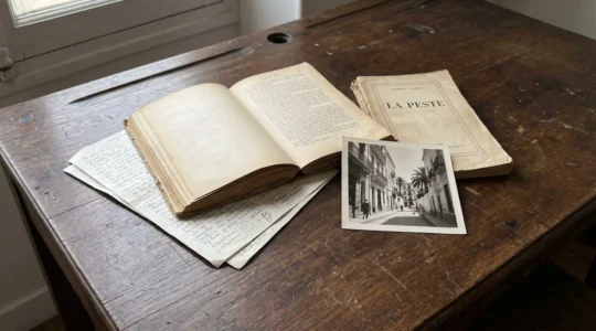 Gros plan sur les pages ouvertes d'un livre ancien aux pages jaunies, avec une typographie d'époque visible mais légèrement floue sous une lumière naturelle rasante