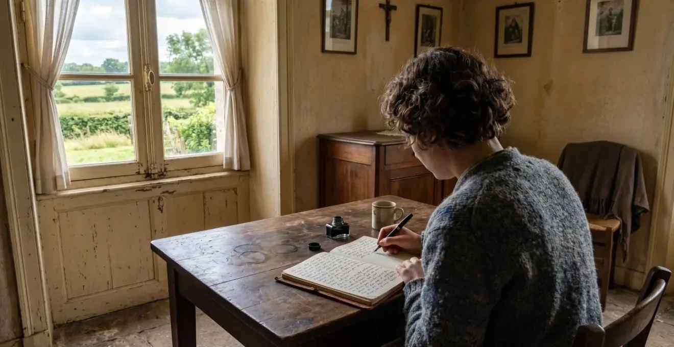 Vue de dos d'une personne concentrée écrivant à une table près d'une grande fenêtre inondée de lumière naturelle dans un intérieur contemporain sobre